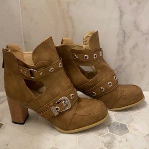 Tan Buckle Cut Out Boots With Heels